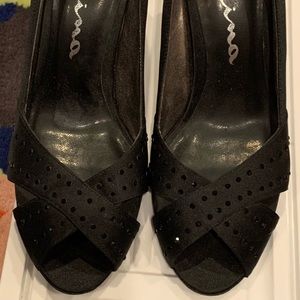 Nina Open Toe Dress Heels Black Satin